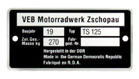 Bild vom Artikel Typenschild f. TS 125 (Nachbau-Rahmenplakette)