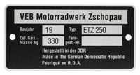 Bild vom Artikel Typenschild pass. f. ETZ 250 (Nachbau-Rahmenplakette)