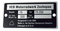 Bild vom Artikel Typenschild pass. f. TS 250 (Nachbau-Rahmenplakette)