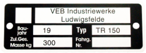 Bild vom Artikel Typenschild pass. f. Motorroller TR150 (Nachbau-Rahmenplakette)